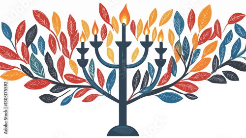 A stylized illustration depicting a menorah integrated into the design of a tree. The tree's branches extend from either side of the menorah, featuring leaves in shades of red, orange, yellow,