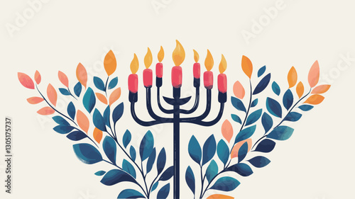 A stylized illustration featuring a menorah with lit candles, centrally positioned against a light beige background.  The menorah is dark blue with pink and orange candles, and it is surrounded by