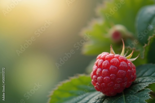 A Close up of a Raspberry Sitting on Top of a Leaf - Generative AI