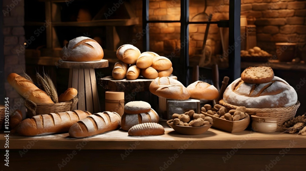 A warm bakery scene showcases a variety of freshly baked breads on a rustic wooden counter, inviting viewers with the aroma of tradition