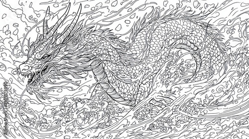 A majestic mythical dragon is amidst swirling water and flowers