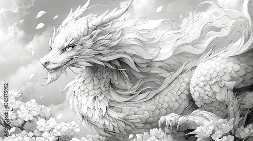 Majestic white dragon with flowing mane in cloudy sky