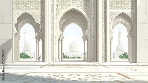 The image showcases a detailed architectural rendering of a building entrance featuring multiple pointed Islamic arches. The arches are symmetrical and create a sense of depth leading to a