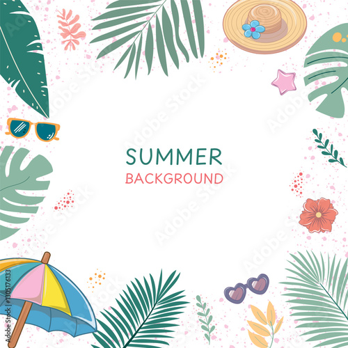 Vector summer background with hand drawn tropical leaves, flowers.  Perfect for seasonal banners, social media, poster, banner, post, cover, invitation.