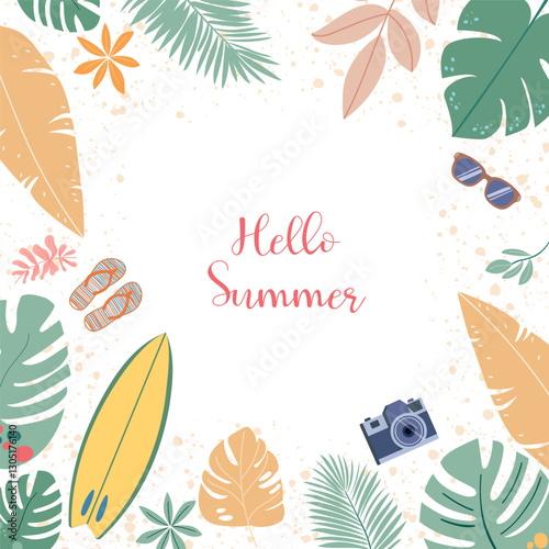 Vector tropical summer card with hand drawn tropical leaves, flowers, lush palm leaves, colorful flowers, seashells, and beach ball. For promotions, party invitations, banner. Hello Summer