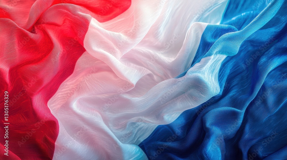 Fototapeta premium Soft fabric of the French national flag displays vivid red, white, and blue hues flowing beautifully. The light catches the material, creating a lively and dynamic visual effect