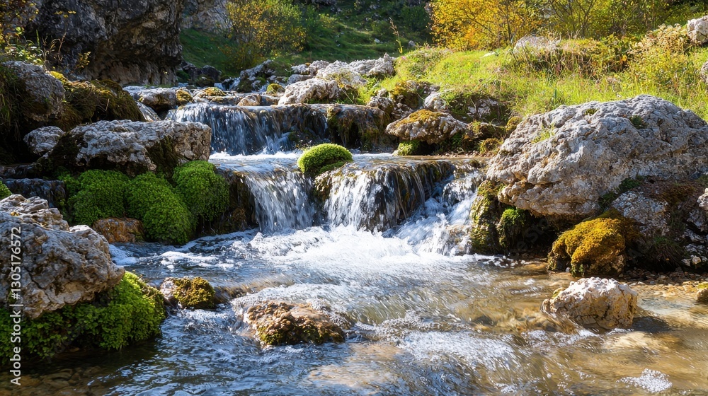 Fototapeta premium Water cascades over smooth stones in a tranquil mountain stream, with lush green moss and foliage adorning the banks. The scene captures the beauty of nature's harmony
