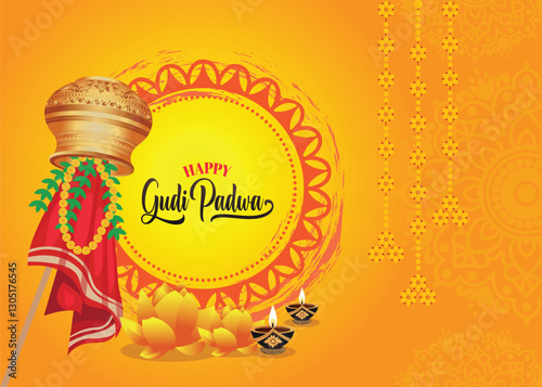 Illustration of Gudi Padwa. Lunar New Year spring festival for traditional New Year for Marathi and Konkani Hindus celebrated in Maharashtra and Goa.