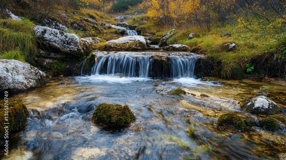 Fototapeta premium A tranquil mountain stream flows gently over smooth rocks, surrounded by vibrant autumn foliage. The sound of water splashing enhances the peaceful atmosphere in nature