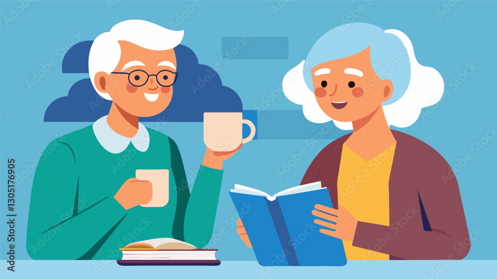 Two elderly tutors sharing a cup of tea while discussing different teaching techniques to help their students learn a new language more effectively.. Vector illustration Two elderly tutors sharing a cup of tea while discussing different teaching techniques to help their students learn a new language more effectively.. Vector illustration