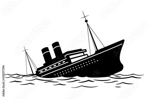 Silhouette of sinking cruise ship sinking in the ocean after a shipwreck
