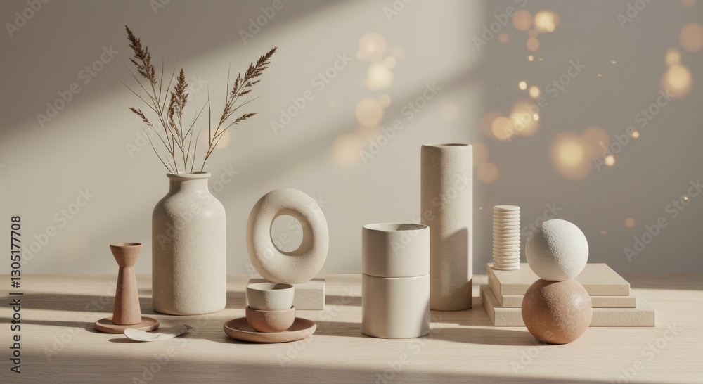 Artistic Display of Pottery and Decor:A minimalist and elegant arrangement of diverse ceramic pottery pieces, including vases, cups, and abstract shapes. Artistic Display of Pottery and Decor:A minimalist and elegant arrangement of diverse ceramic pottery pieces, including vases, cups, and abstract shapes.