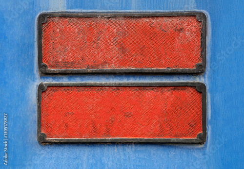 mock up template 2 two pair red empty blank square frame is hanging on light blue painted  wall  with urban grunge weathred background photo