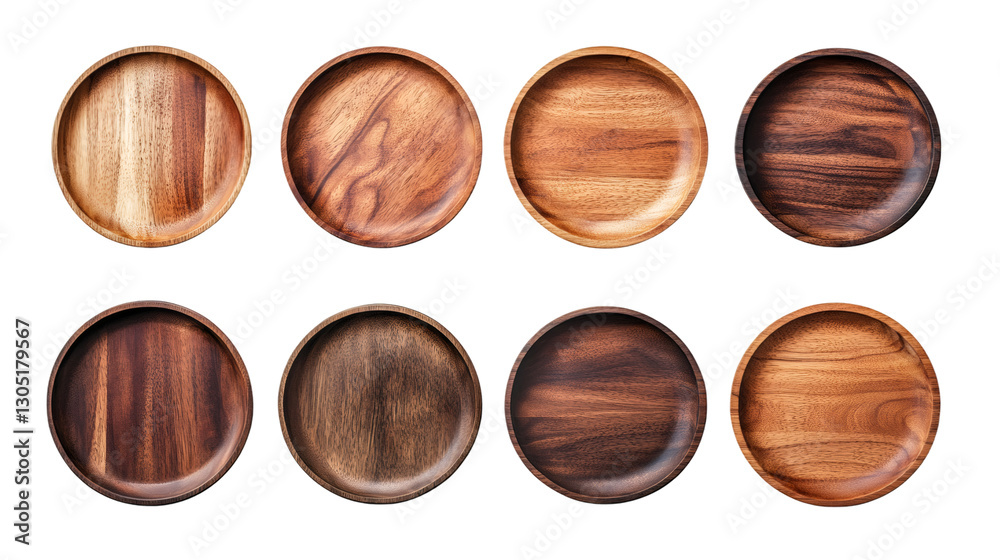 Wooden round plates, eight empty platters displayed overhead on transparent surface, minimalist kitchenware arrangement Wooden round plates, eight empty platters displayed overhead on transparent surface, minimalist kitchenware arrangement