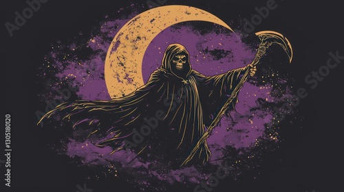 A grim reaper figure holding a scythe under a large moon