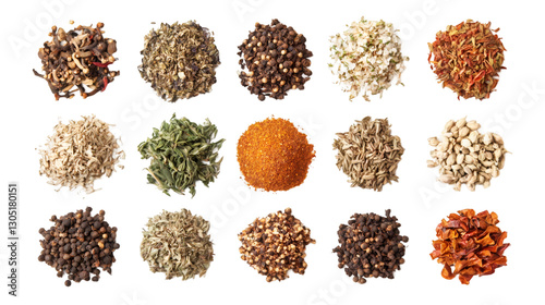 Fototapeta Naklejka Na Ścianę i Meble -  Fifteen piles of different spices forming a collection isolated on transparent background, top view