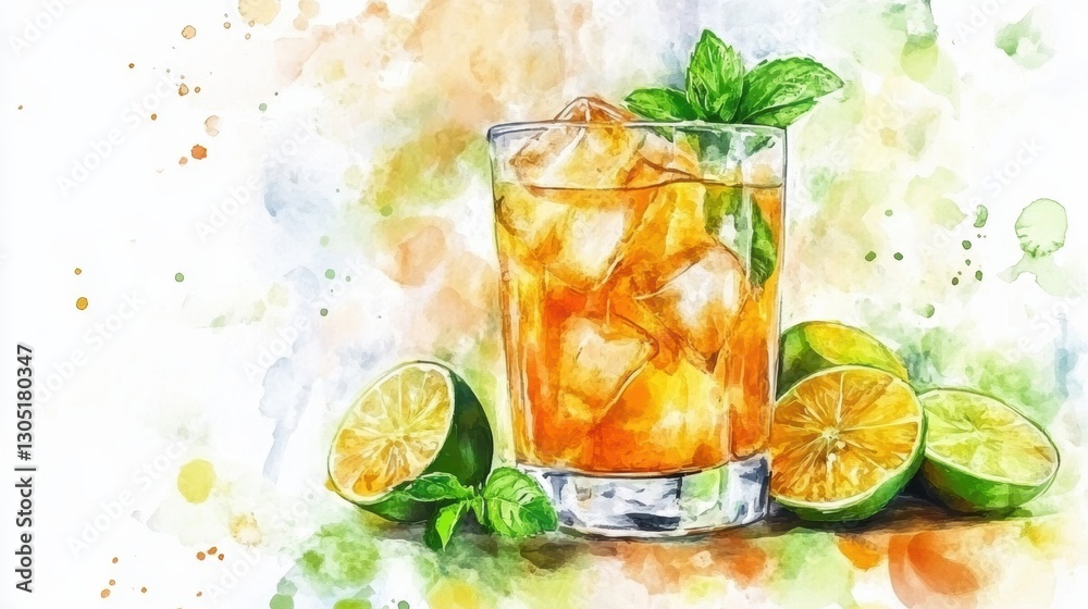 Fototapeta premium Refreshing summer iced tea vibrant colors watercolor art relaxing atmosphere artistic perspective