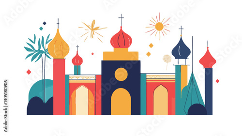 A stylized illustration depicting a colorful building complex with multiple domes and towers. The architectural style is abstract and whimsical, featuring bold colors and simplified forms. The