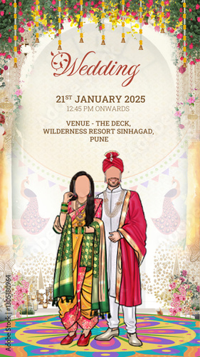 Traditional Indian Wedding Invitation with Bride in Green Lehenga and Groom in Red Sherwani  Floral Peacock Decor