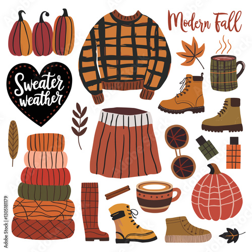 Modern fall flat vector illustrations featuring cozy attire and seasonal elements for autumn appreciation