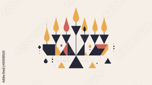 The image is a stylized illustration of a menorah, a traditional candelabrum, rendered in a geometric abstract style.  The design utilizes primarily triangles and other simple shapes in a color photo