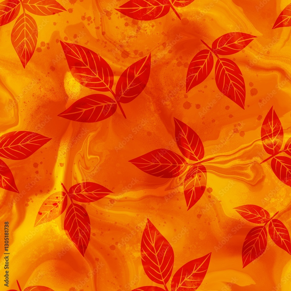Obraz premium Abstract Hand Drawing Leaf Silhouettes Seamless Textile Pattern with Digital Painting Watercolor Tie Dye Marble Background