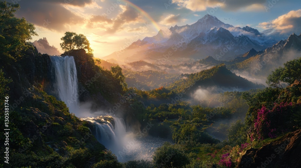 Fototapeta premium A stunning waterfall cascades down rocky cliffs surrounded by vibrant trees and flowers. The sun sets in the background, casting a warm glow, while a rainbow arches across the sky