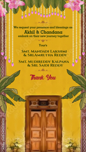 Traditional Wedding Thank You Card with South Indian Temple Door, Floral Garland, and Family Names