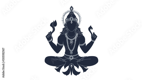 A vector graphic illustration depicts a stylized silhouette of a seated figure in a meditative pose. The figure is rendered in shades of dark blue against a white background. The figure has its