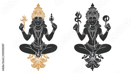 The image contains two stylized illustrations of a seated deity figure.  Both figures are presented in a similar pose, holding symbolic objects in their hands.  One figure is rendered in shades of