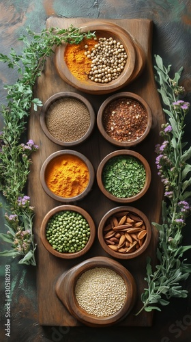 Variety of Colorful Spices and Herbs in Wooden Bowls on a Marble Surface Duri...