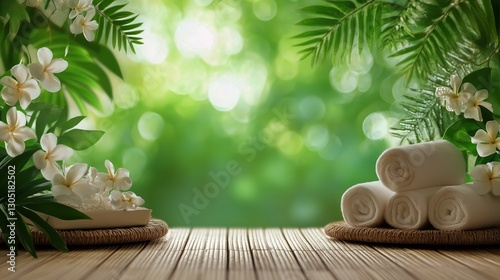 Relaxing Spa Setup With Towels and Flowers on Bamboo Table in Serene Green Na...