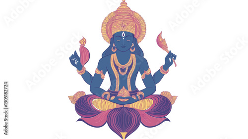 A digital illustration depicts a stylized deity seated in a lotus position. The figure is predominantly blue and purple with orange and yellow accents.  The deity holds flames in each hand, and a