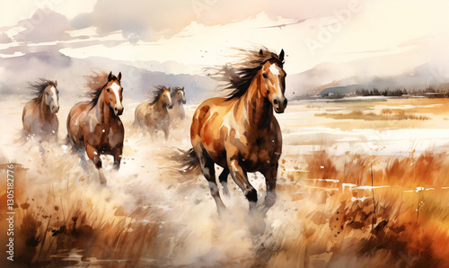 Frolicking wild horses run through the dusty steppe landscape. Watercolor style.