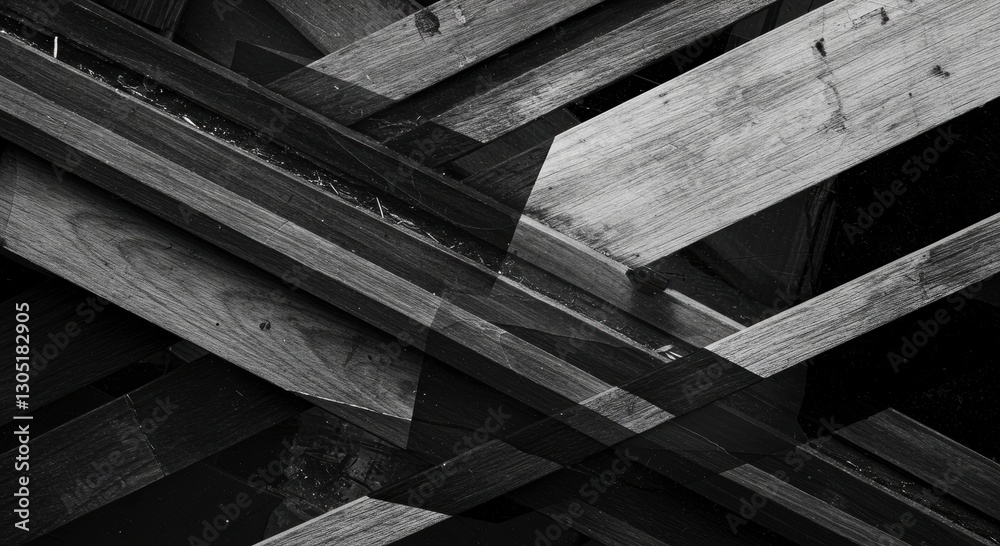 Intertwined Timber: A striking monochrome composition of overlapping wooden beams, showcasing intricate textures and patterns, offers a study in the art of abstract design and construction. Intertwined Timber: A striking monochrome composition of overlapping wooden beams, showcasing intricate textures and patterns, offers a study in the art of abstract design and construction.