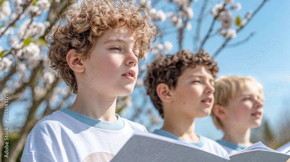 Joyful choir of children singing under blooming cherry trees Joyful choir of children singing under blooming cherry trees