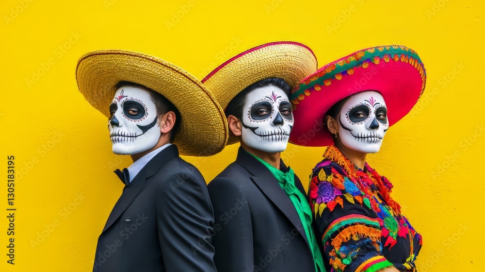 Fototapeta premium group in traditional day of the dead attire with sugar skull makeup against yellow background, Mexican culture 