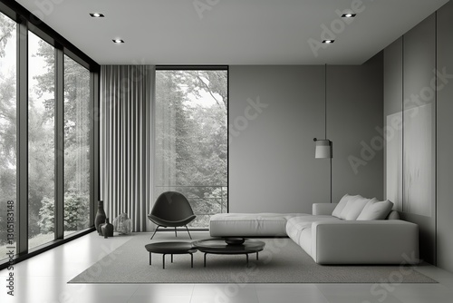 Spacious Modern Living Room With City View Showcasing Minimalist Design and C...
