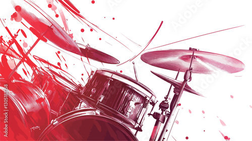Close-up view of a drum kit rendered in shades of red and white. The image is stylized with an abstract effect, incorporating splashes of color and motion blur.  The focus is primarily on the snare