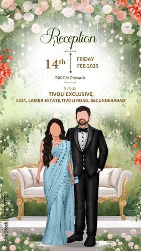 Wedding Reception Invitation Card with Couple Illustration, Floral Backdrop, and Modern Outfit Design