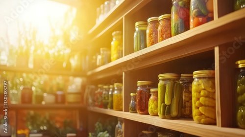 Wallpaper Mural Preserved Bounty: Shelves overflow with an array of colorful jars filled with homemade jams, pickles, and preserves. Golden sunlight streams through the window. Torontodigital.ca