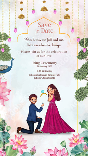 Elegant Save the Date Invitation Card with Couple Illustration, Lotus Flowers, Peacock, and Festive Floral Decor