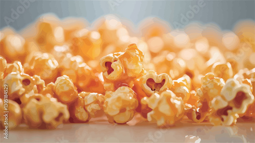 Close-up shot of a pile of caramel popcorn.  The popcorn kernels are coated in a glossy, amber-colored caramel sauce. The image has a shallow depth of field, focusing on the popcorn in the