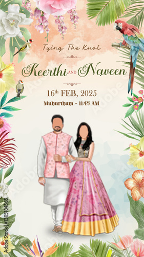 Royal Traditional Wedding Invitation Card with Floral, Birds, Couple Illustration, and Elegant Tropical Theme