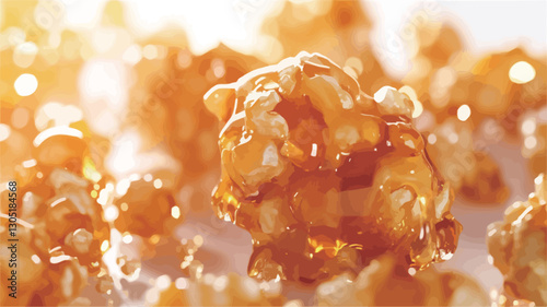 Close-up macro shot of caramel popcorn. The image shows several pieces of popcorn coated in a glossy, amber-colored caramel. The caramel appears sticky and slightly uneven in texture.  The