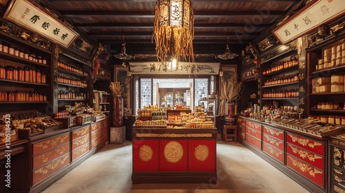 Traditional Chinese Medicine Shop Interior with Red and Gold Decor