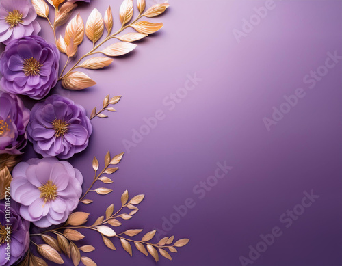 a soft gradient background with plum royale colored flowers delicately arranged on the right decorated with small golden leaves with space for your text