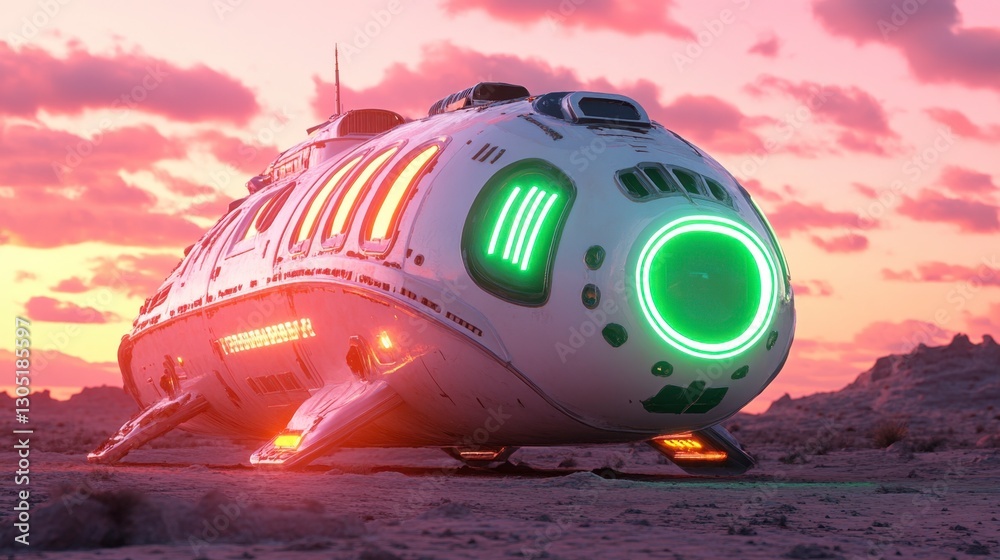 Futuristic spaceship on a desolate planet at sunset. White spaceship with neon green and orange lights, pink and purple sky.  Digital art.