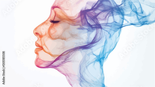 A digital illustration depicting a female profile partially obscured by flowing, translucent, multi-colored smoke or wispy forms.  The colors are predominantly pastel hues of blues, purples,