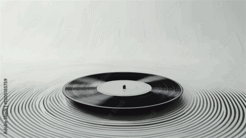 Obraz premium High-angle, close-up view of a black vinyl record resting on a light-gray surface. The surface displays a series of concentric circles emanating outwards from the record, creating a ripple effect.